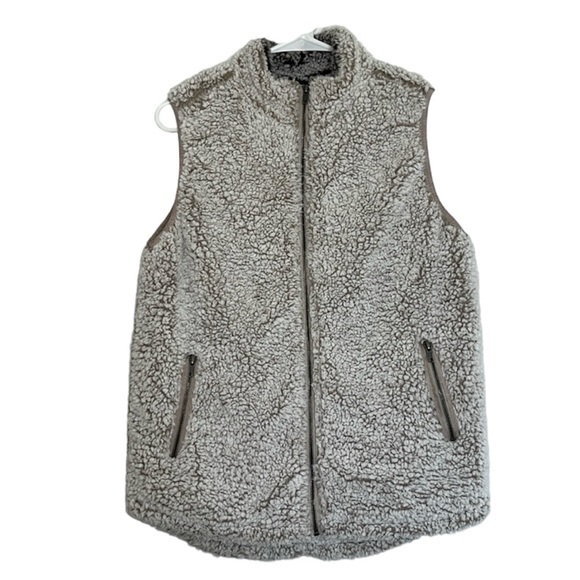 Thread & Supply Off-White Gray Ivory Sherpa Fleece Zip Up Vest Size M - Picture 1 of 13